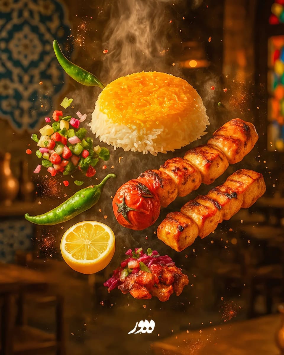 جوجه‌کباب با برنج زعفرانی